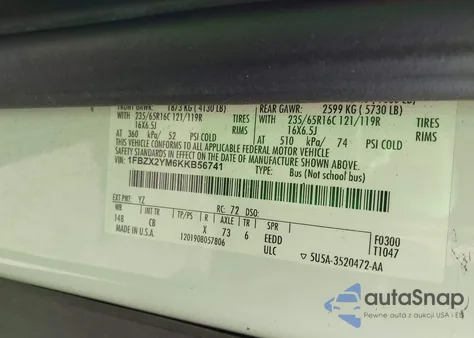 2019 Ford Transit-350 Xlt z USA, uszkodzony, nr VIN 1FBZX2YM6KKB56741